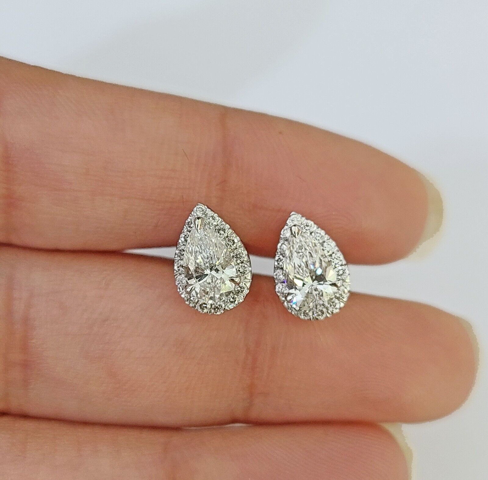 14k White gold Pear Earrings Diamond screw - back Lab Created Women Men Studs - GoldenlinQ